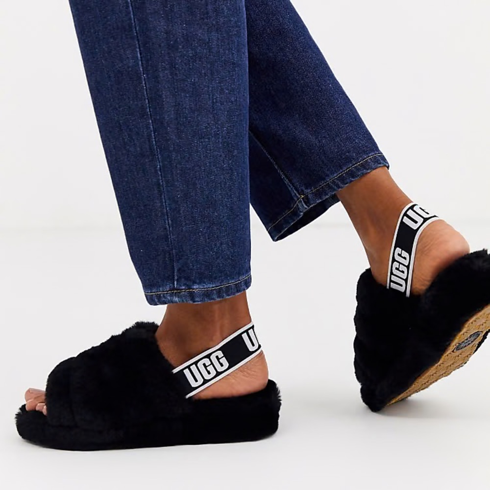 UGG Black Fluffy Slippers with Logo Strap